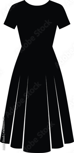 silhouette, pleated dress, midi length, short sleeves, skirt shape subtly stepped