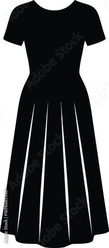 silhouette, pleated dress, midi length, short sleeves, skirt shape subtly stepped