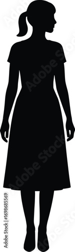 silhouette, pleated dress, midi length, short sleeves, skirt shape subtly stepped