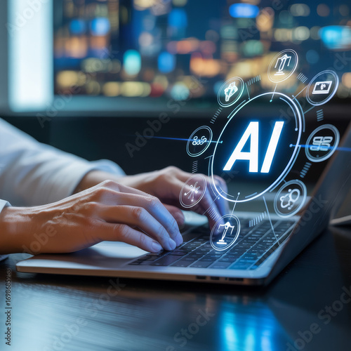 Person Using Laptop with Artificial Intelligence Interface for Business and Technological Advancement showing future of work and digital transformation for enhanced productivity