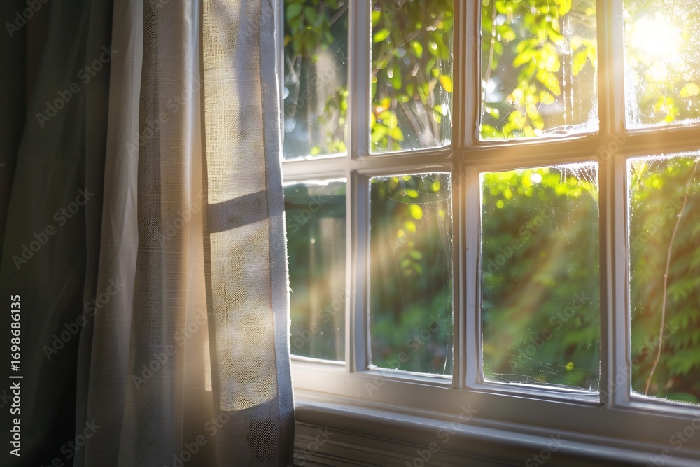 Fototapeta premium A sunlit window featuring a sheer curtain and a view of the vibrant outdoors