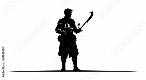 Mysterious warrior silhouette holding ancient scroll and curved sword ready for battle