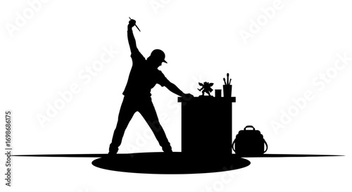 Passionate artist sculpting miniature figure with creative tools and backpack nearby