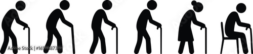 Stickman silhouette aging process of elderly man showing progression from walking with cane to sitting with support chair