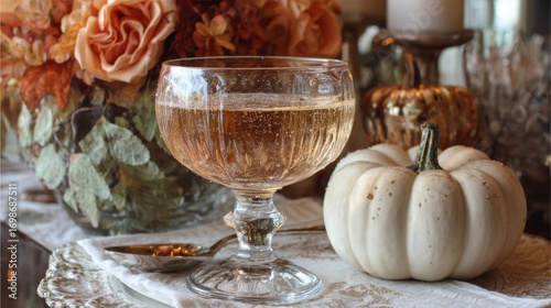 Elegant fall table setting with sparkling drink and white pumpkin decor