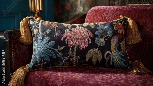 Luxurious embroidered cushion on elegant red sofa with ornate floral design