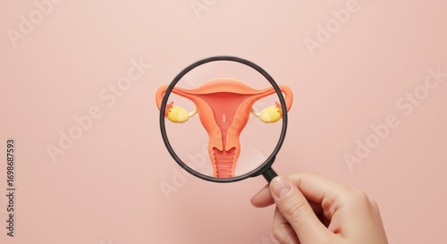 Magnifying glass over a stylized uterus and ovaries on a pink background, symbolizing reproductive health and medical examination