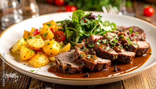 Roasted pork tenderloin with potatoes and salad (1)