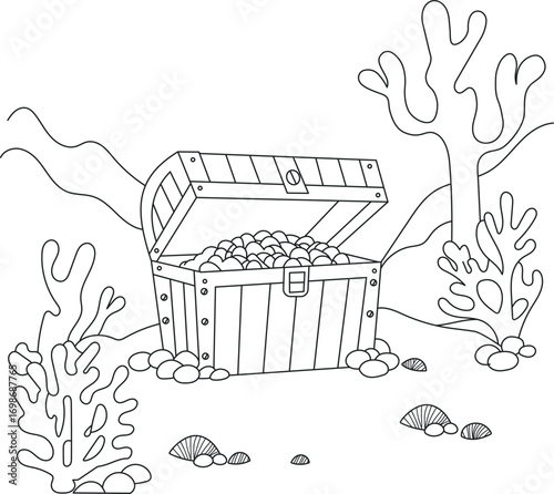 Pirate Treasure Chest Coloring Page with Coral Reef Design
