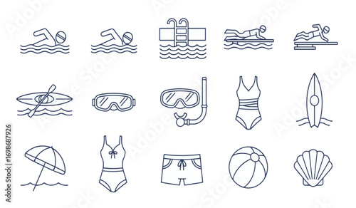 Swimming and Beach Activities Icon Set - Pool, Surfing, Snorkeling, and Gear