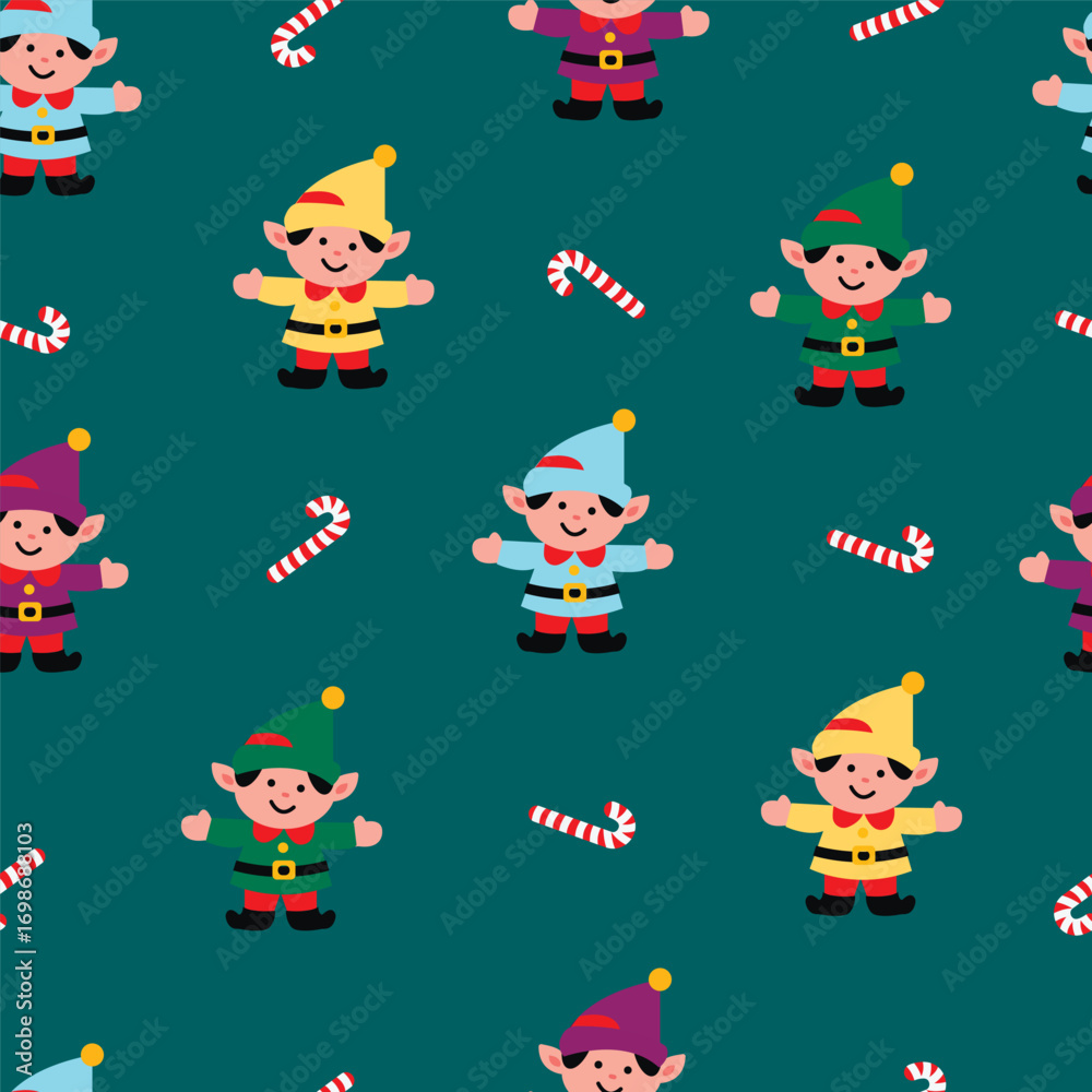 Fototapeta premium Seamless Christmas pattern with elves in different color costumes