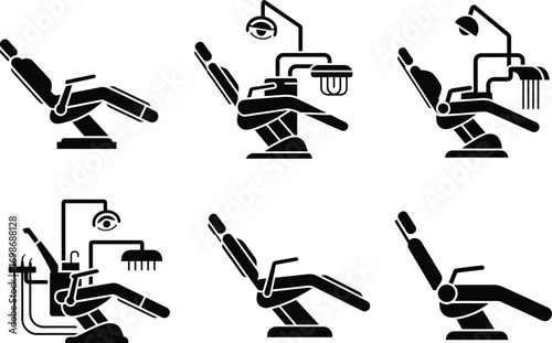Dental chair equipment vector icons, dentist office silhouette set, professional clinic furniture, oral health tools, black medical illustration clipart.