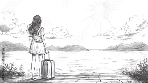 Woman looking at landscape with luggage