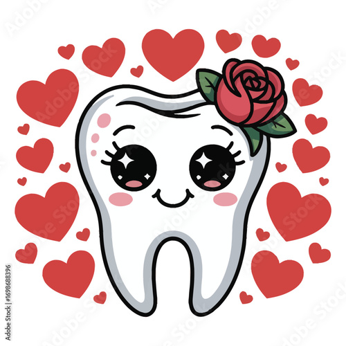 A charming Valentine's Day molar tooth in a sparkling kawaii style with a red rose on a red heart background.