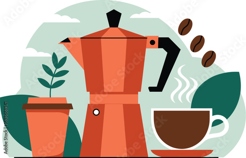 Cozy morning coffee ritual with a vintage Moka pot and fresh plant