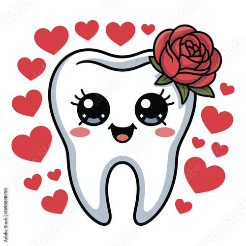 A charming Valentine's Day molar tooth in a sparkling kawaii style with a red rose on a red heart background.