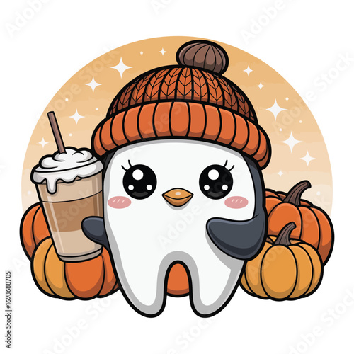 Thanksgiving themed adorable molar teeth, in a sparkling kawaii style, pumpkin latte on a pumpkin background. A warm woolen knitted hat on the head of molar teeth.