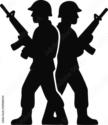 Vietcong soldier with rifle gun in Vietnam war silhouette vector, military man in the battle