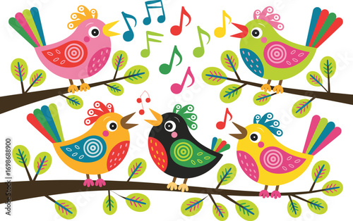 Joyful, colorful birds perched on branches singing cheerful melodies together.