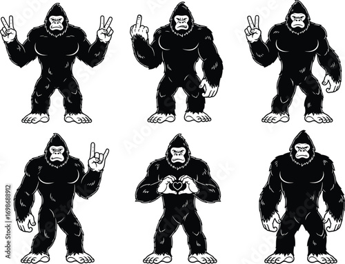 Gorilla mascot character vector set, showing different hand signs, strong pose, cartoon style, isolated black and white illustration pack