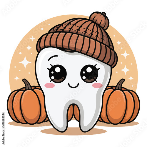 Thanksgiving themed adorable molar teeth, in a sparkling kawaii style, pumpkin latte on a pumpkin background. A warm woolen knitted hat on the head of molar teeth.