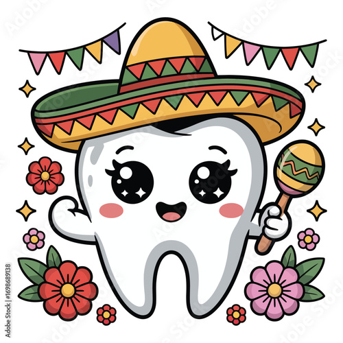 A super cute molar in a Cinco de Mayo theme, in sparkling kawaii style, wearing a colorful sombrero and holding a small maraca, surrounded by pastel flowers and festive banners.