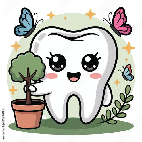 A super cute molar in an Arbor Day theme, in sparkling kawaii style, plants a small pastel tree in a flower pot, surrounded by butterflies and leaves.