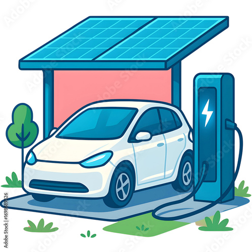 Modern Electric Car Charging at a Solar-Powered Station, Illustrating Sustainable Energy Solutions and Green Transportation for an Eco-Conscious Future