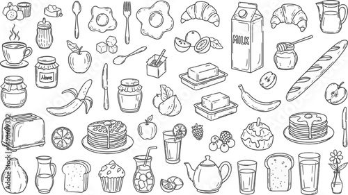 Hand-drawn Breakfast Icons Set - Toast, Coffee, Fruits, and Baked Goods