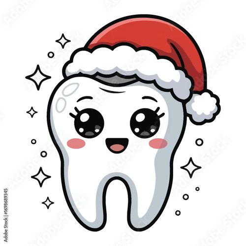 A charming Christmas molar tooth in a shiny kawaii style, Santa Claus outfit.
