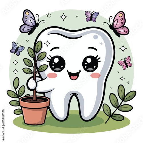 A super cute molar in an Arbor Day theme, in sparkling kawaii style, plants a small pastel tree in a flower pot, surrounded by butterflies and leaves.