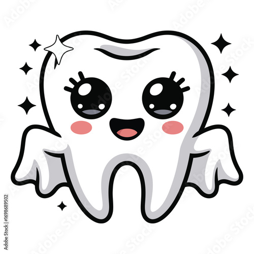A cute Halloween-themed ghost molar teeth in a sparkly kawaii style, a ghost costume.