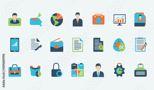Business and Professional Icons Set - Data, Analysis, Documents, and Teamwork