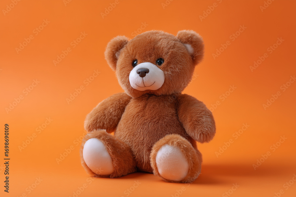 Obraz premium Cute teddy bear sitting on an orange background for kids