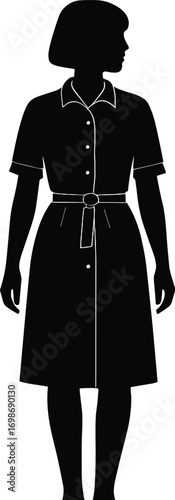 silhouette, shirt dress with belt, collar and button placket indicated by outline only