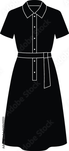 silhouette, shirt dress with belt, collar and button placket indicated by outline only