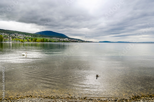 Colombier, Neuenburgersee, Seeufer, Uferweg, Strand, Hafen, Wassersport, Wasservögel, Naturschutz, Auvernier, Neuenburg, Seerundfahrt, Frühling, Schweiz
