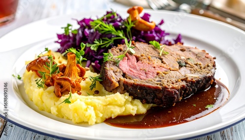 Roasted stuffed meat with red cabbage and mashed potatoes