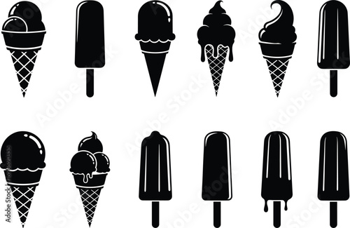 Ice cream cones and popsicles, variety of frozen desserts, summer treats, sweet snacks, dessert icons, cold sweets, ice cream illustrations