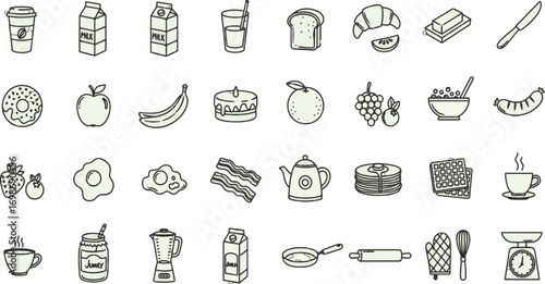 Hand-drawn Breakfast and Kitchen Icons Set - Food, Drinks, and Cooking Tools