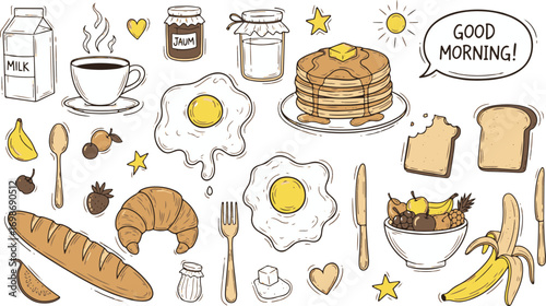 Hand-drawn Breakfast Illustration with Pancakes, Eggs, Coffee, and Fruit