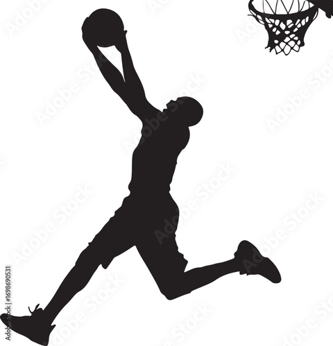 Silhouette of a basketball player dunking a ball with a hoop Keywords: basketball, player, silhouette, dunk, hoop, sport, action, jump, athletic, game, competition, male, dynamic, motion, energy