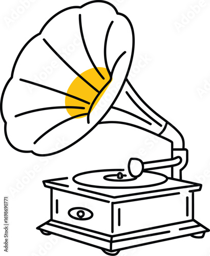 Vintage gramophone playing music with a bright yellow sun accent
