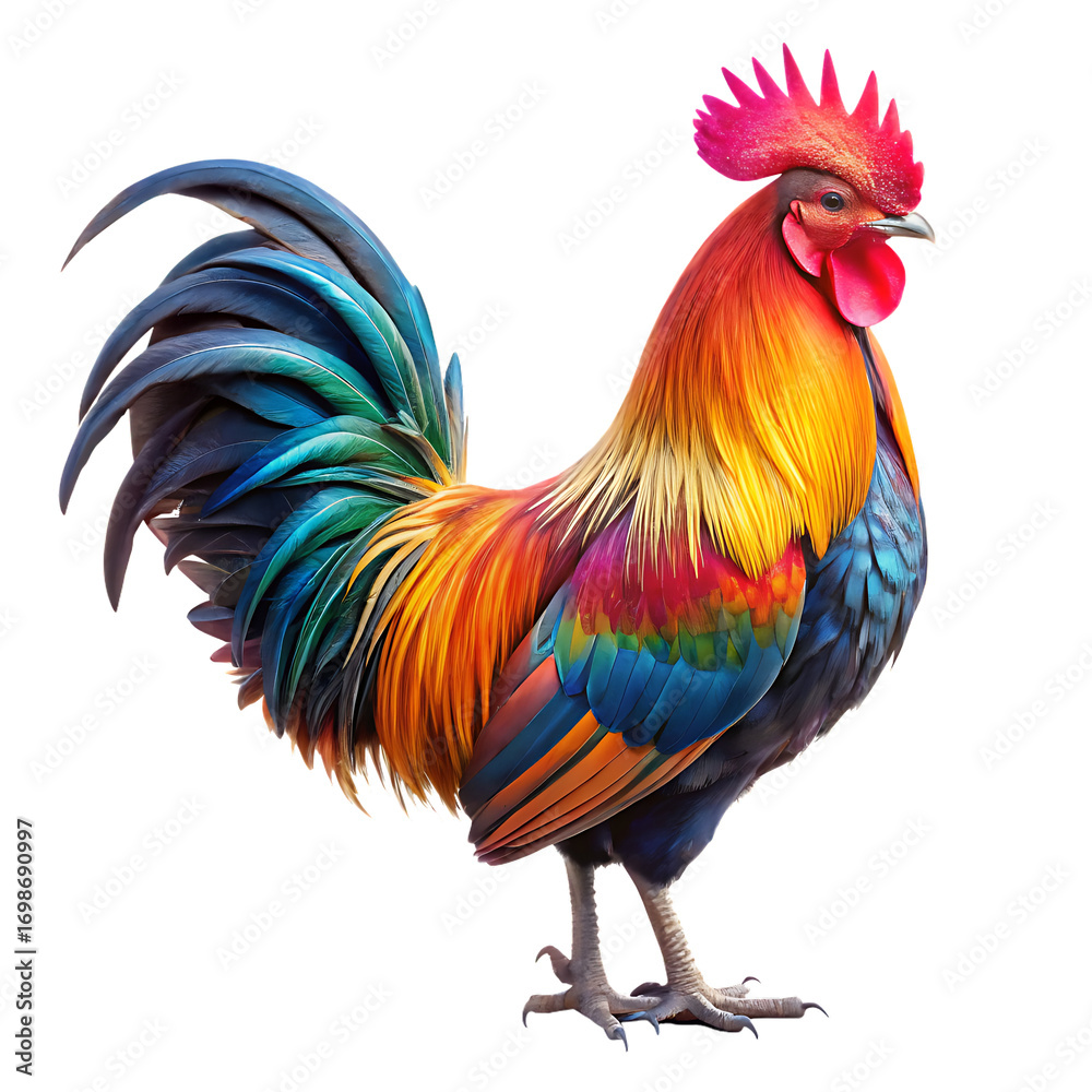 Fototapeta premium A vividly colored rooster standing against a black background with its tail feathers displayed proudly