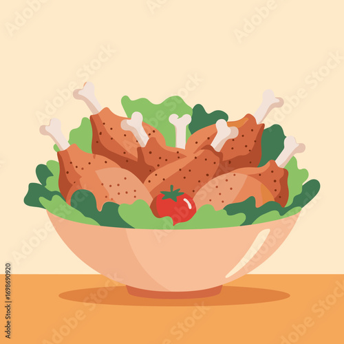 Delicious crispy fried chicken drumsticks and thighs served with fresh lettuce and tomato in a bowl