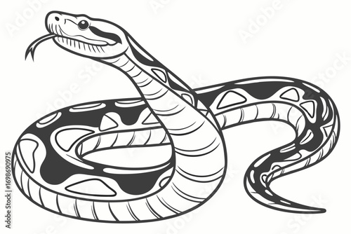 Detailed Line Art Depiction of a Coiled Snake with a Forked Tongue and Distinct Markings, Illustrative and Striking