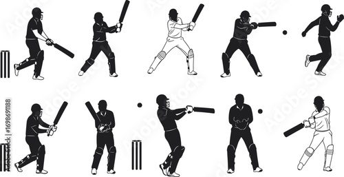 Cricket player silhouettes with bat, ball, and stumps, action poses for sports design, training, match concepts, vector illustration