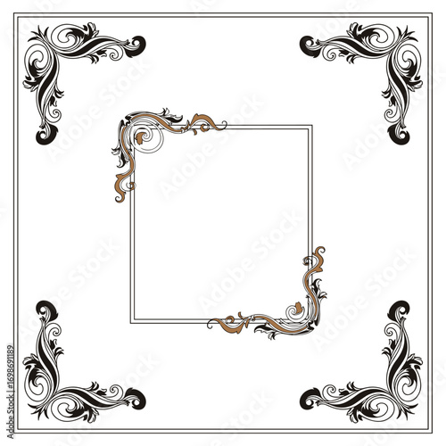 Ornate decorative corner flourishes with a central square frame for elegant designs and vintage applications
