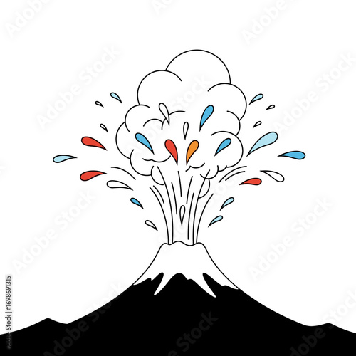 A stylized volcano erupting with colorful splashes and smoky clouds against a simple landscape background