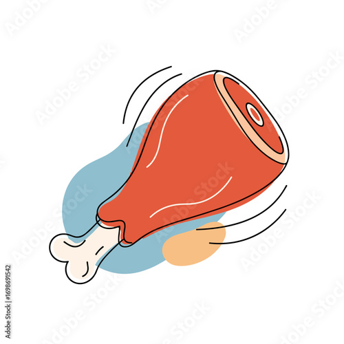 Raw meat leg bone with reddish brown flesh and orange blue shapes